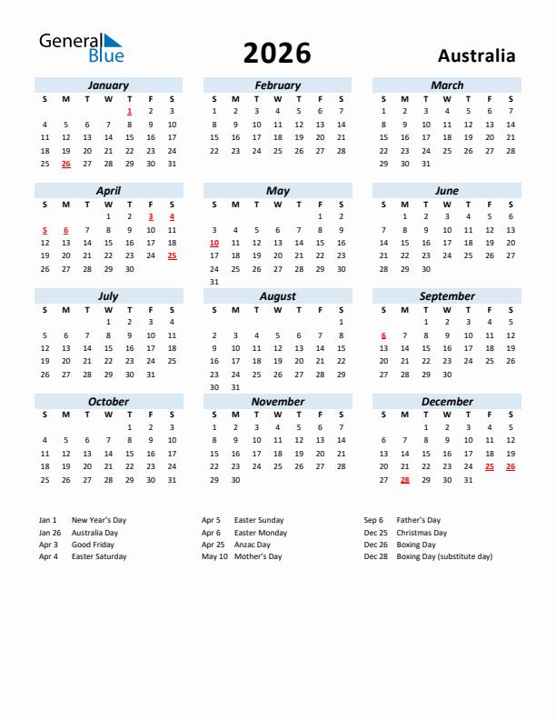 2026 Calendar for Australia with Holidays