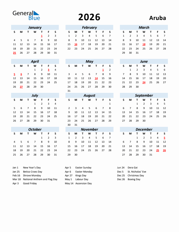 2026 Calendar for Aruba with Holidays