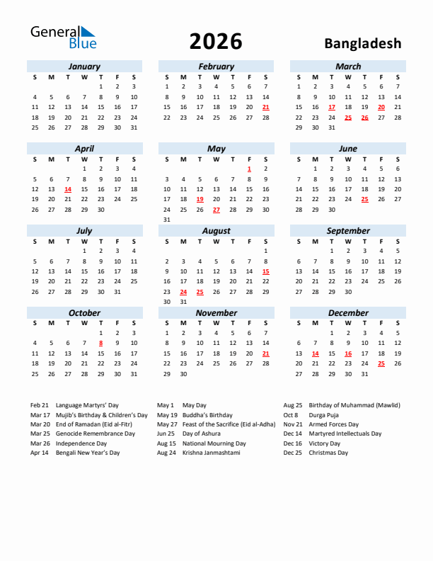2026 Calendar for Bangladesh with Holidays
