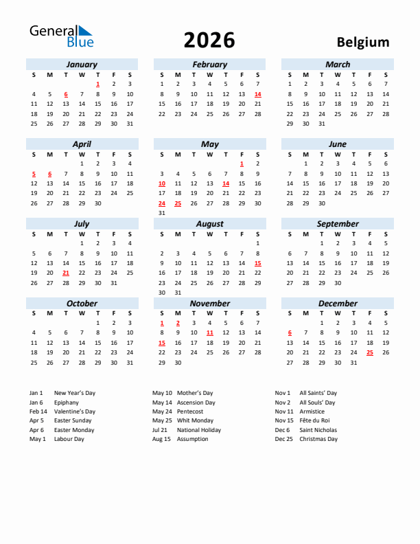 2026 Calendar for Belgium with Holidays