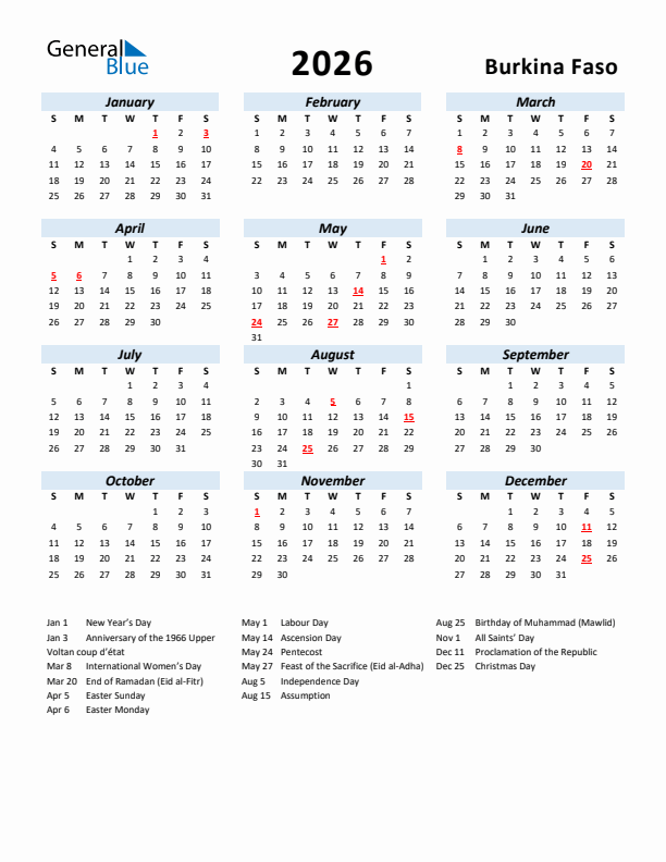 2026 Calendar for Burkina Faso with Holidays