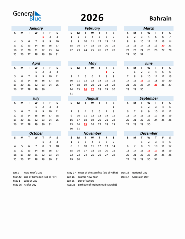 2026 Calendar for Bahrain with Holidays