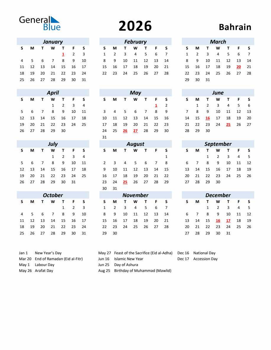 2026 Yearly Calendar for Bahrain with Holidays