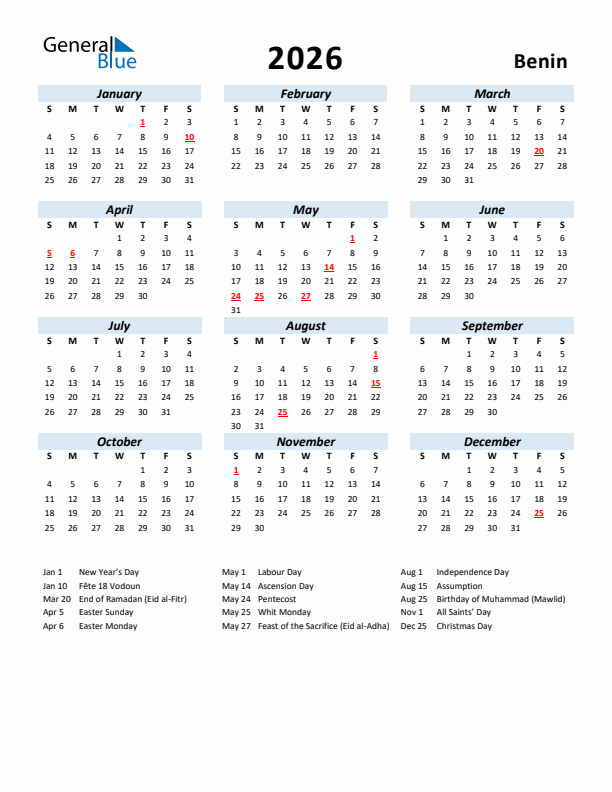 2026 Calendar for Benin with Holidays