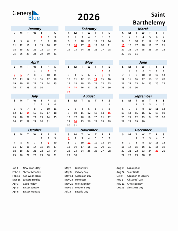 2026 Calendar for Saint Barthelemy with Holidays