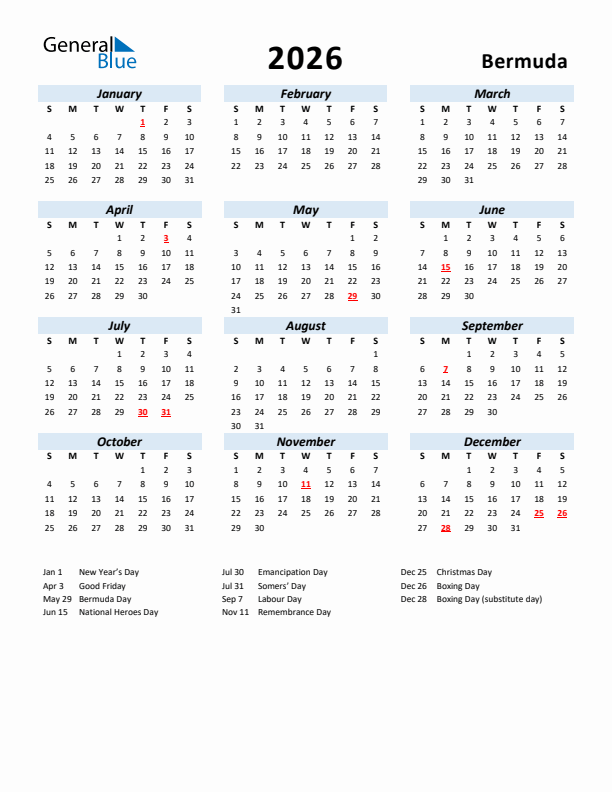2026 Calendar for Bermuda with Holidays