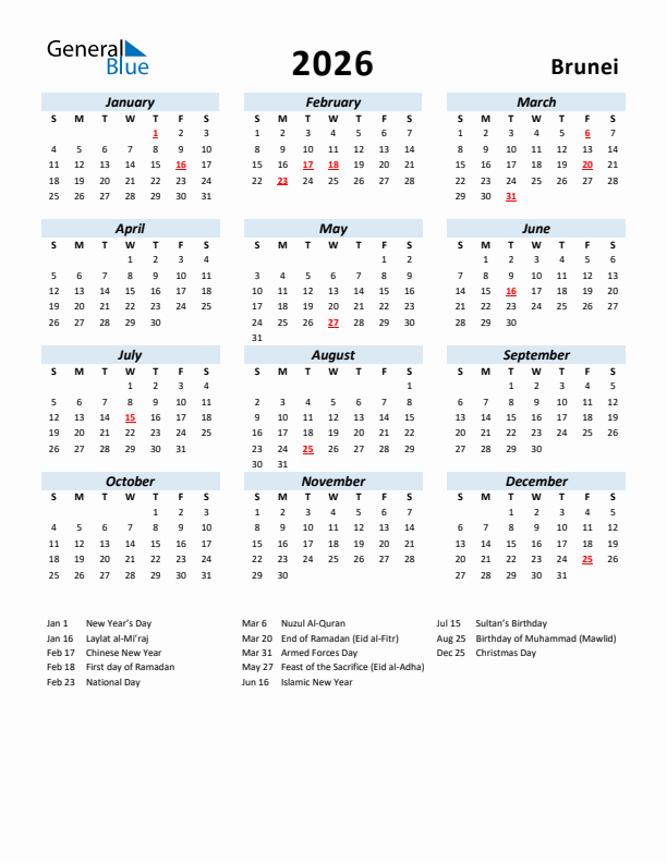2026 Calendar for Brunei with Holidays