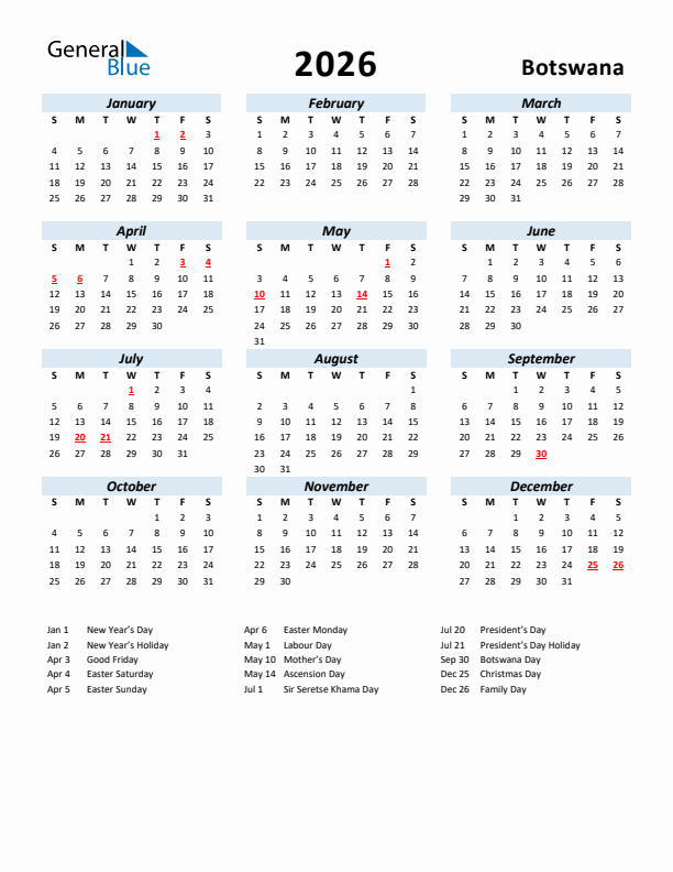 2026 Calendar for Botswana with Holidays