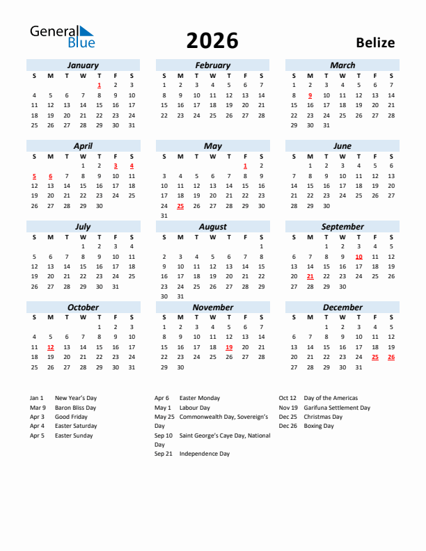 2026 Calendar for Belize with Holidays