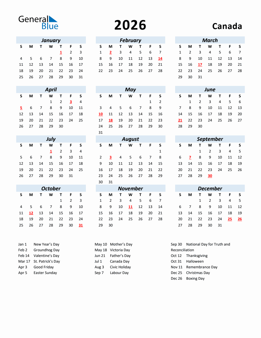 2026 Yearly Calendar for Canada with Holidays