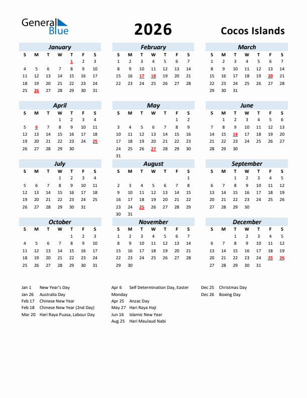 2026 Calendar for Cocos Islands with Holidays