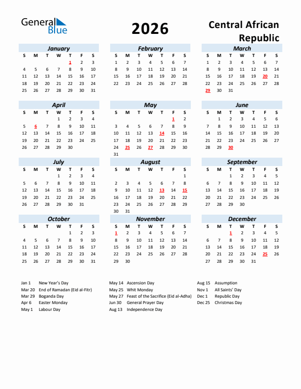 2026 Calendar for Central African Republic with Holidays