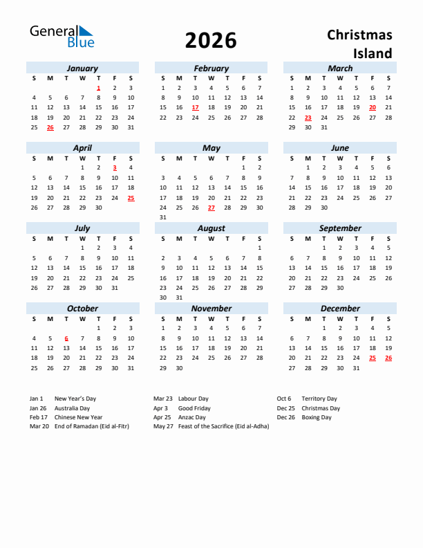 2026 Calendar for Christmas Island with Holidays