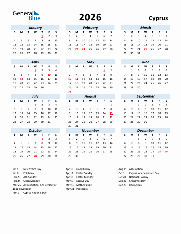 2026 Calendar for Cyprus with Holidays
