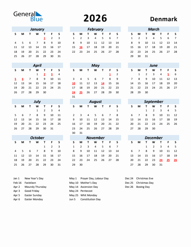 2026 Calendar for Denmark with Holidays
