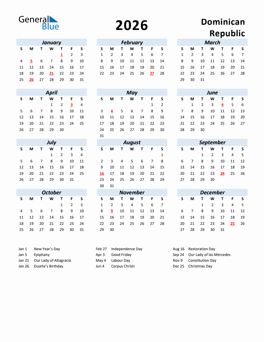 2026 Yearly Calendar for Dominican Republic with Holidays