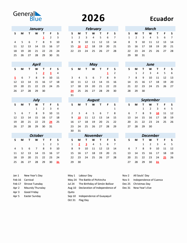 2026 Calendar for Ecuador with Holidays