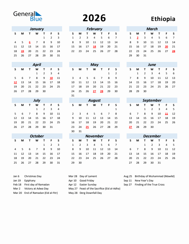 2026 Calendar for Ethiopia with Holidays