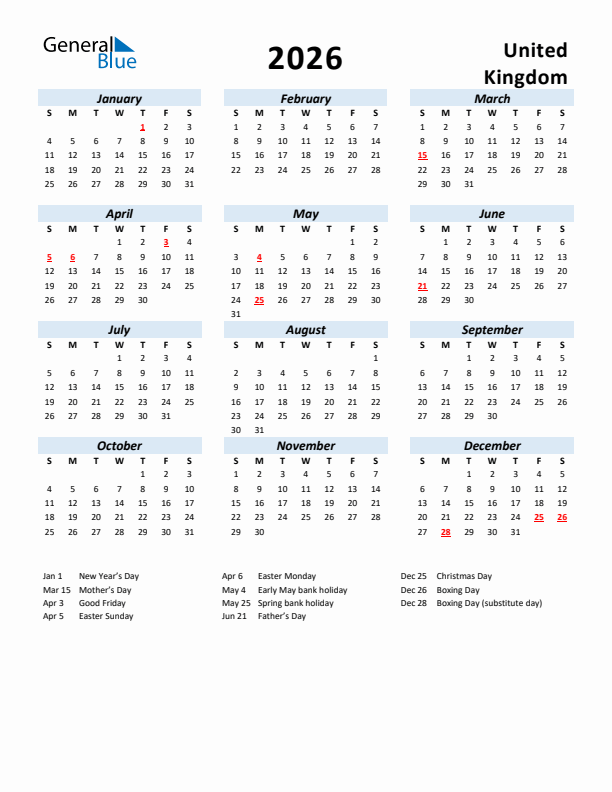 2026 Calendar for United Kingdom with Holidays