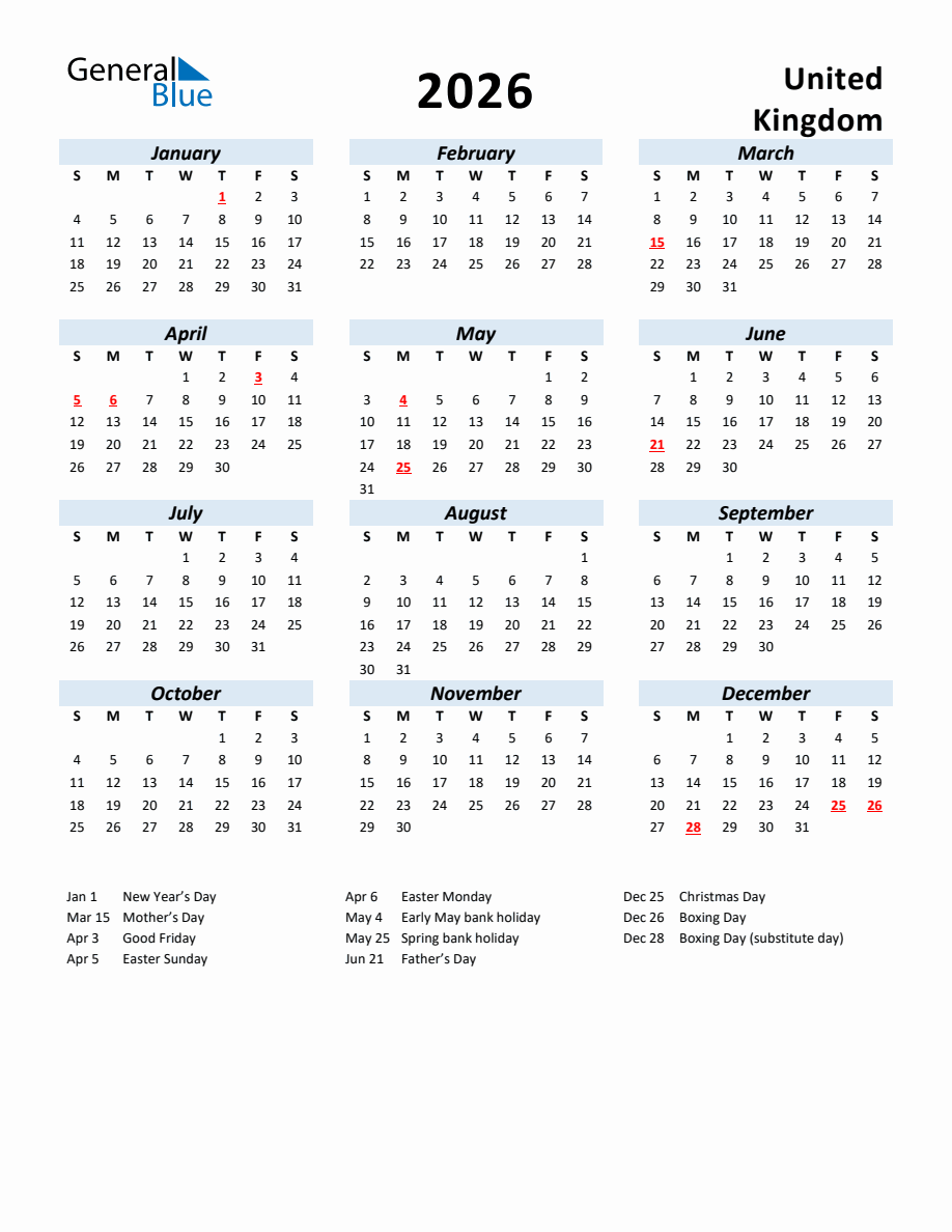 2026 Yearly Calendar for United Kingdom with Holidays