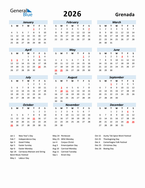 2026 Calendar for Grenada with Holidays