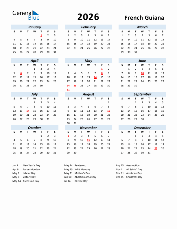 2026 Calendar for French Guiana with Holidays