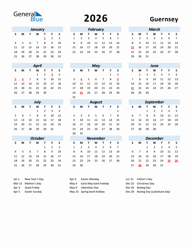 2026 Calendar for Guernsey with Holidays