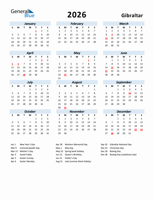2026 Calendar for Gibraltar with Holidays