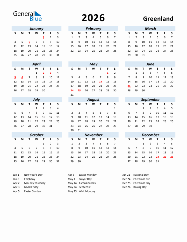 2026 Calendar for Greenland with Holidays