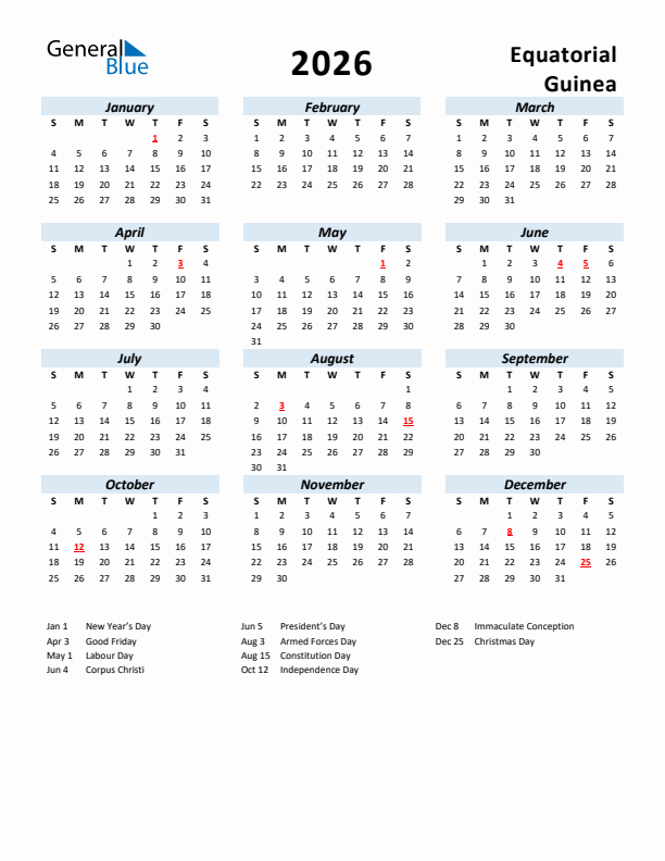 2026 Calendar for Equatorial Guinea with Holidays