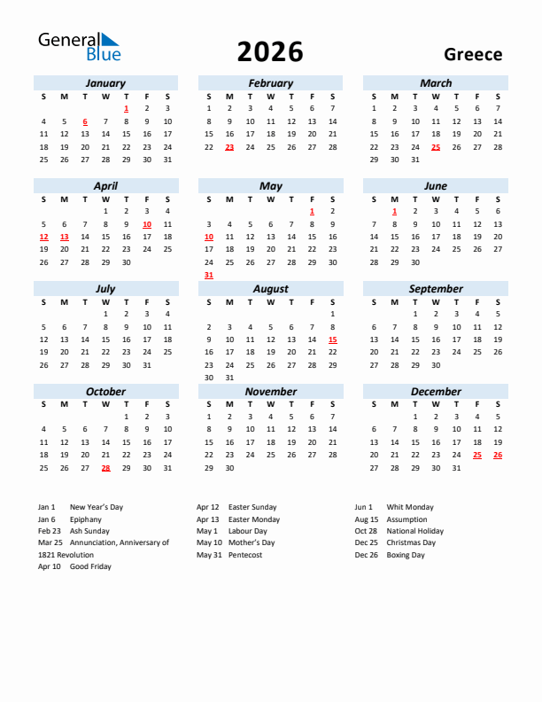 2026 Calendar for Greece with Holidays
