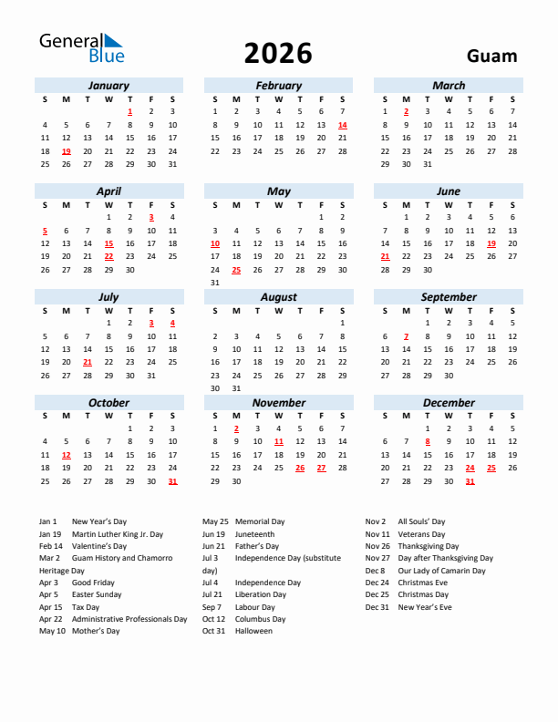 2026 Calendar for Guam with Holidays