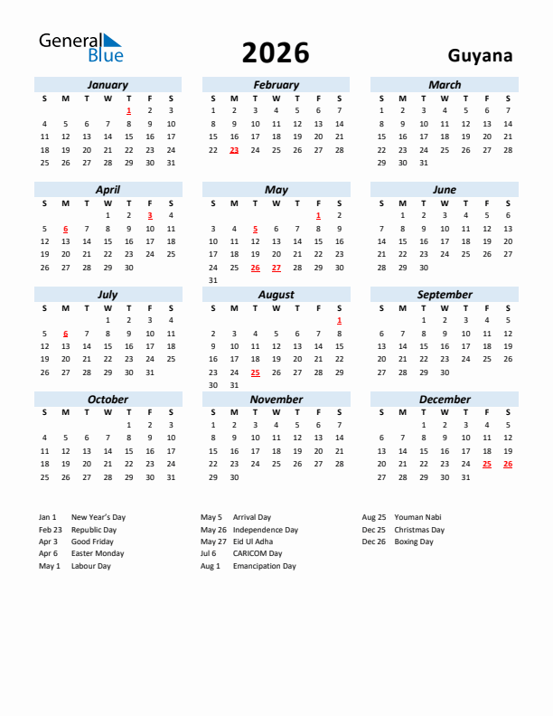 2026 Calendar for Guyana with Holidays