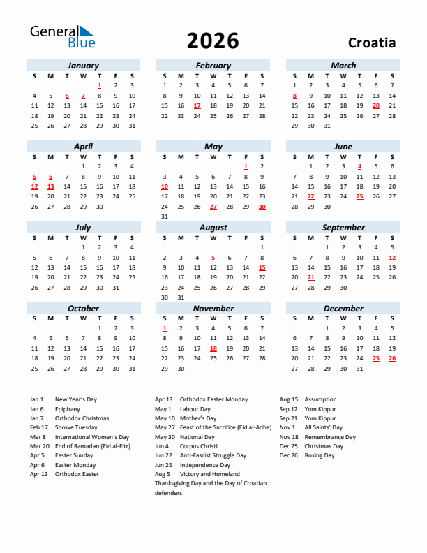 2026 Calendar for Croatia with Holidays