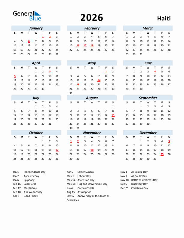 2026 Calendar for Haiti with Holidays