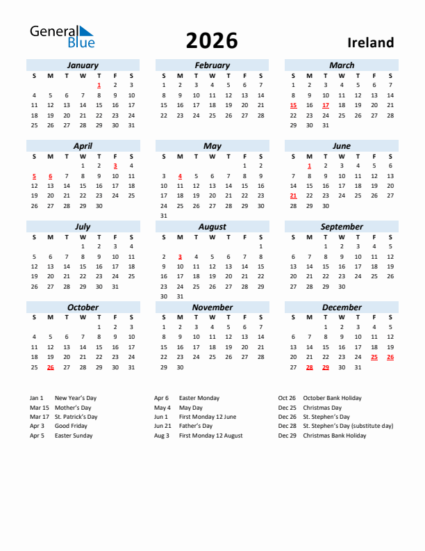 2026 Calendar for Ireland with Holidays