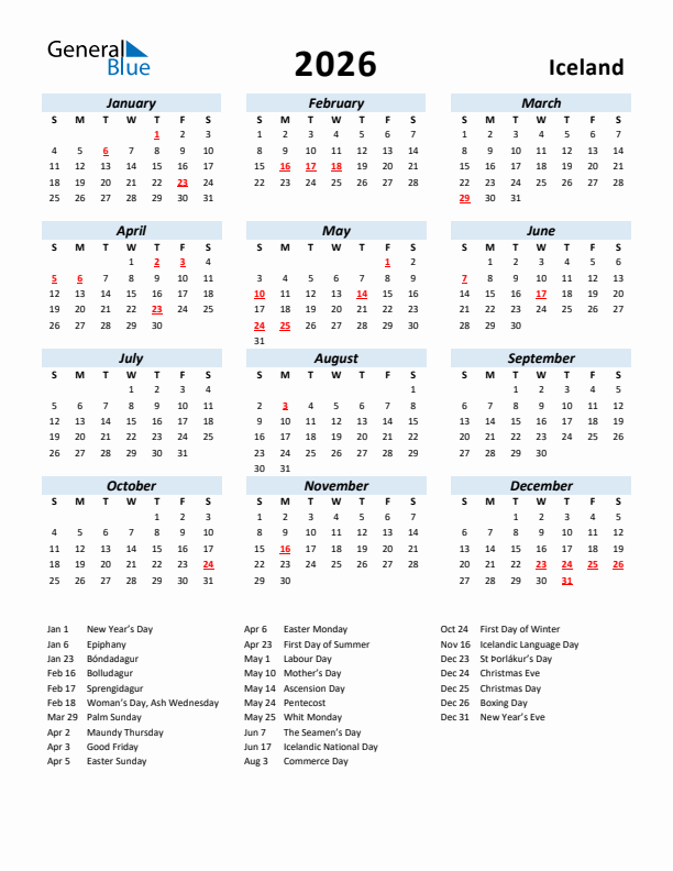 2026 Calendar for Iceland with Holidays