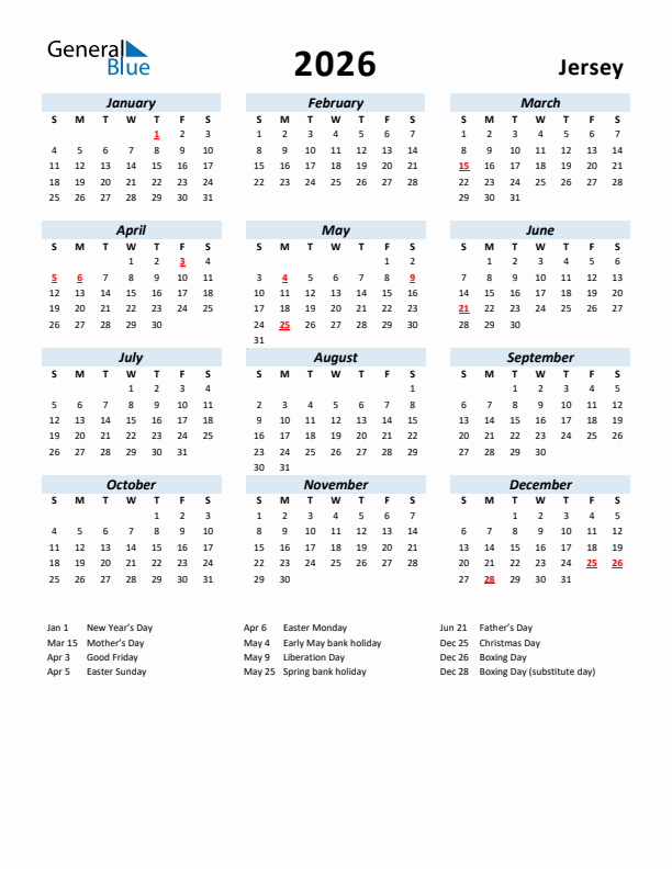 2026 Calendar for Jersey with Holidays