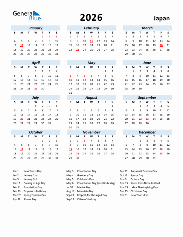2026 Calendar for Japan with Holidays