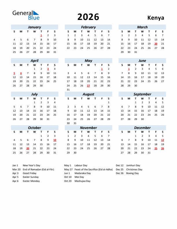 2026 Calendar for Kenya with Holidays