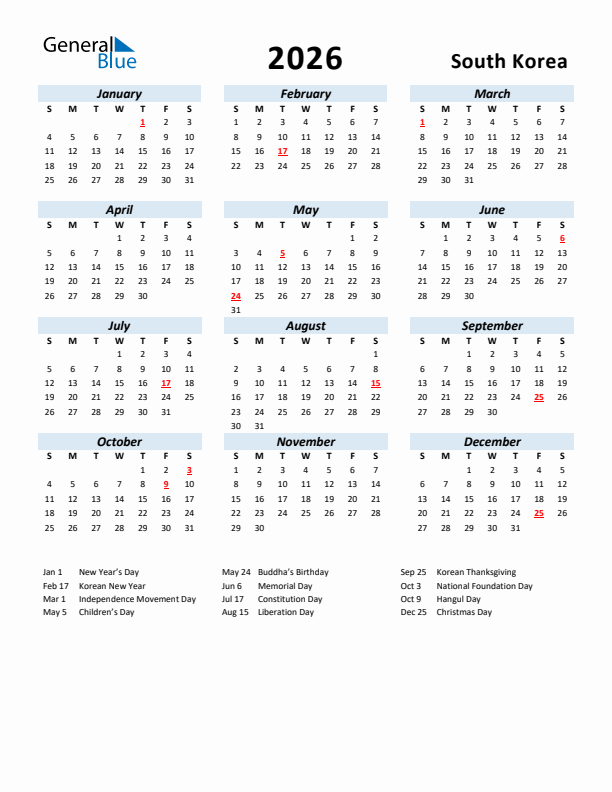 2026 Calendar for South Korea with Holidays