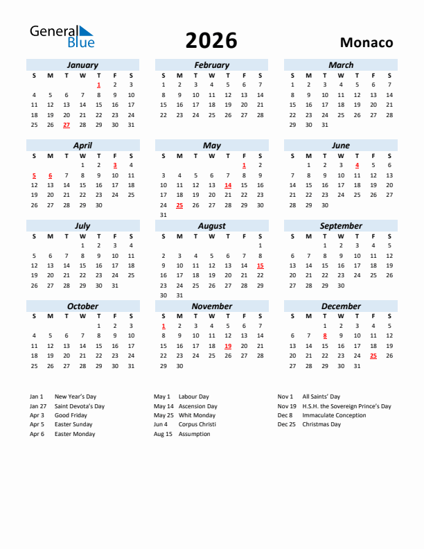 2026 Calendar for Monaco with Holidays