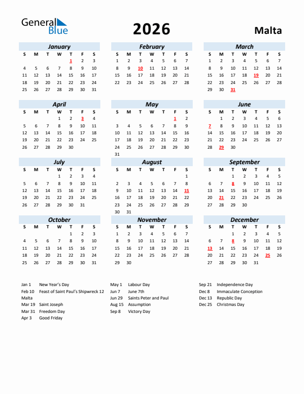 2026 Calendar for Malta with Holidays