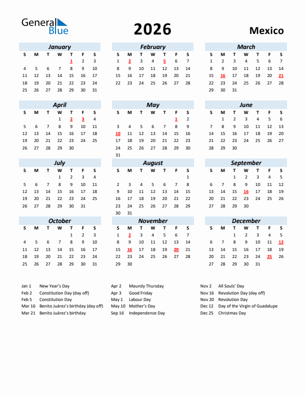 2026 Calendar for Mexico with Holidays