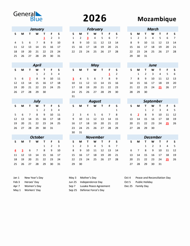 2026 Calendar for Mozambique with Holidays