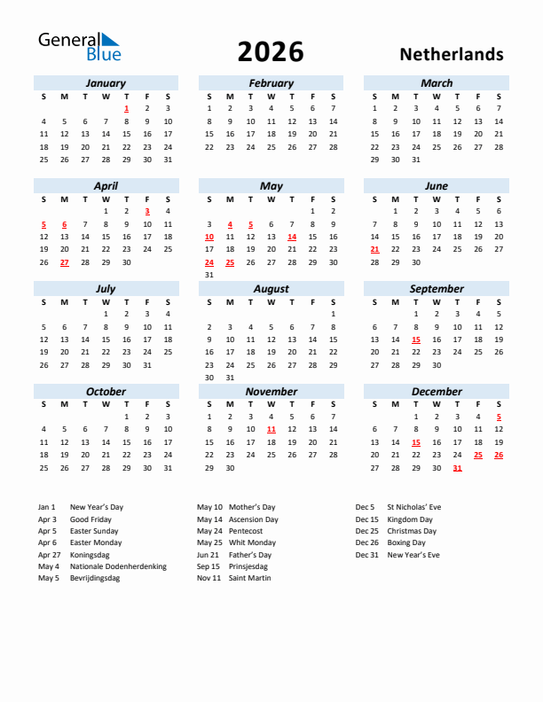 2026 Calendar for The Netherlands with Holidays