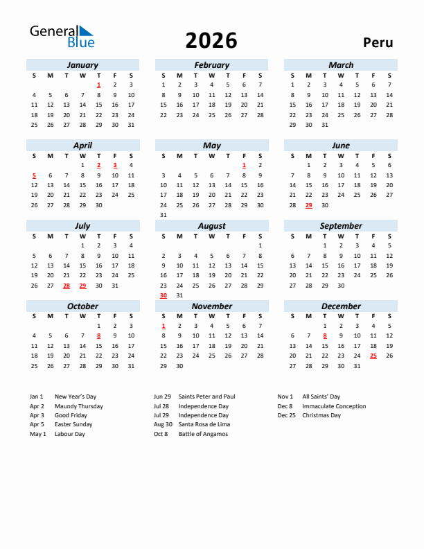 2026 Calendar for Peru with Holidays