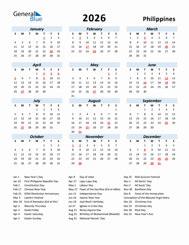 2026 Philippines Calendar with Holidays