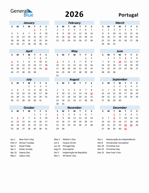 2026 Calendar for Portugal with Holidays