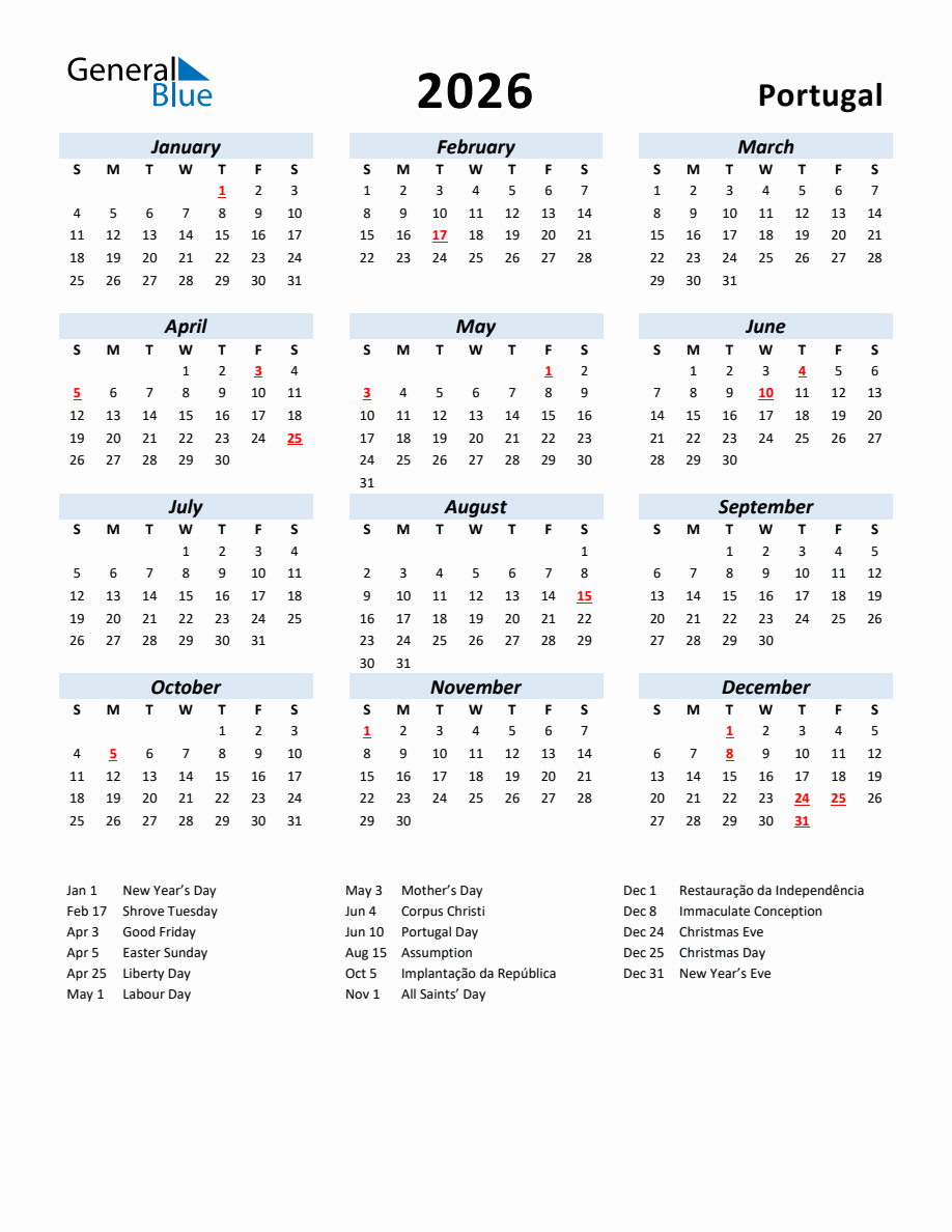 2026 Yearly Calendar for Portugal with Holidays